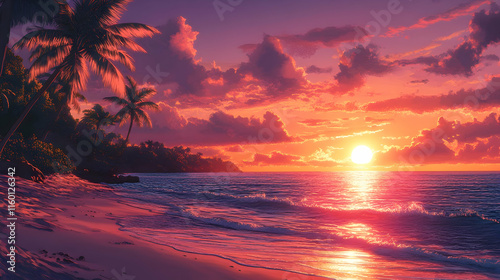 A serene beach sunset with vibrant colors reflecting on the water.