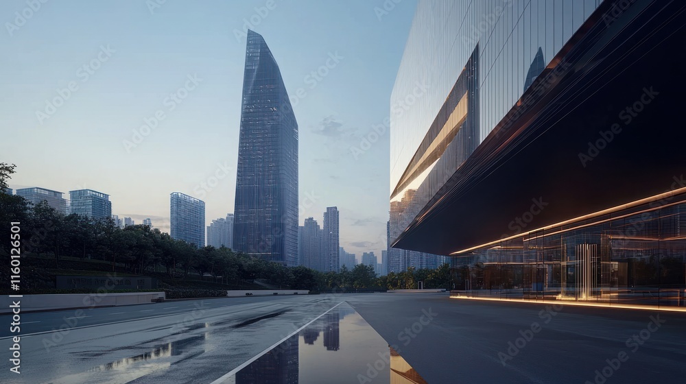 Fototapeta premium Modern city skyline at dawn, reflecting in a plaza.