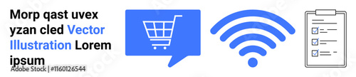 Shopping cart, wireless signal, and checklist icons symbolize online shopping, internet connectivity, and task management. Ideal for e-commerce, internet services, digital marketing, online business
