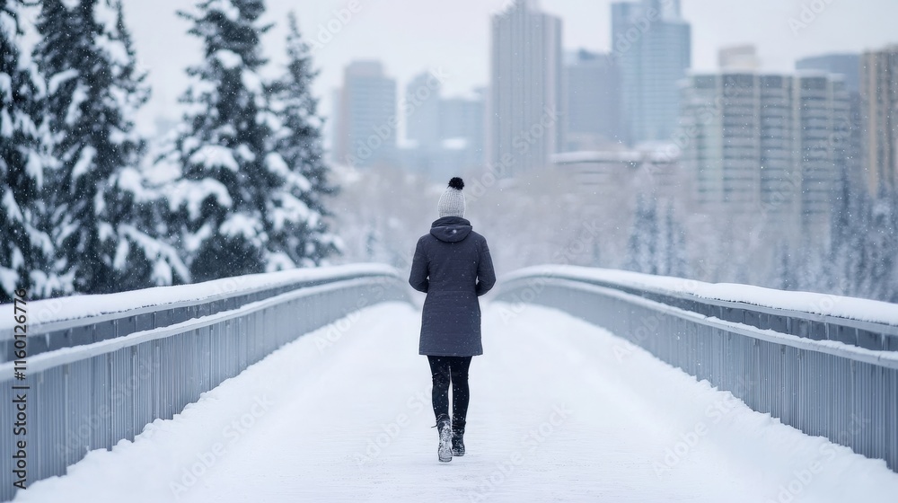 Serene Winter Walk on a Snow-Covered Bridge with City Skyline in the Background Capturing the Essence of Tranquility and Urban Beauty on a Cold Day Serene Winter Walk on a Snow-Covered Bridge with City Skyline in the Background Capturing the Essence of Tranquility and Urban Beauty on a Cold Day