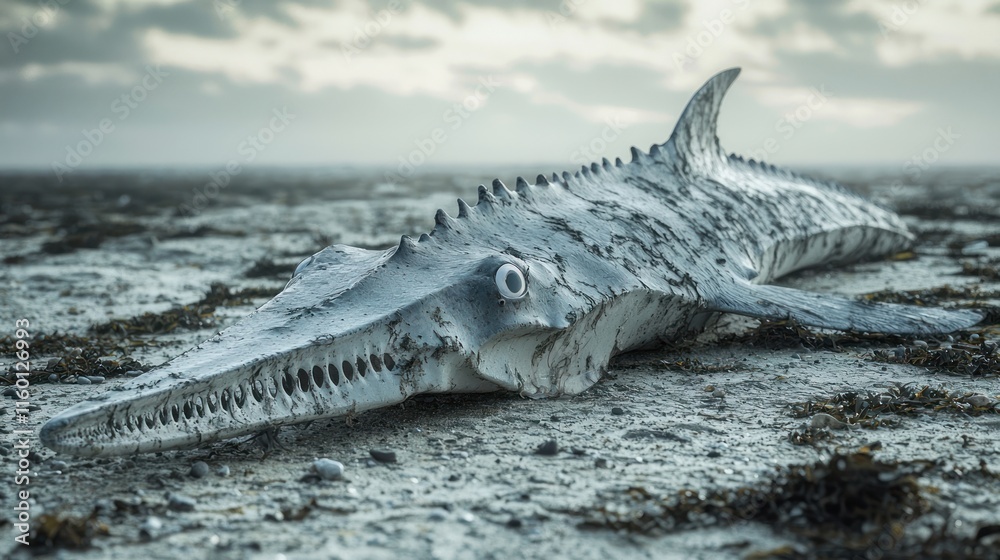 Beached prehistoric-like fish carcass on a sandy shore. Beached prehistoric-like fish carcass on a sandy shore.
