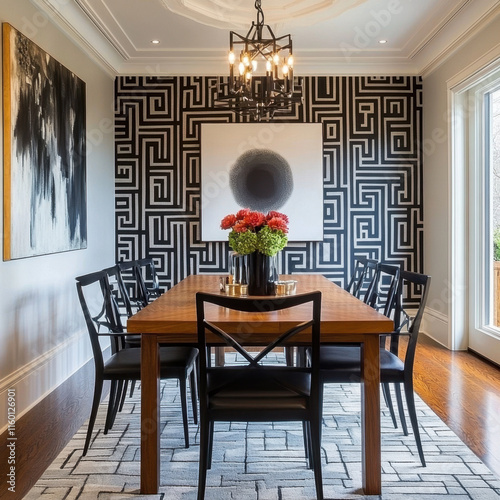 modern dining room featuring bold geometric patterned wall, wooden table, and stylish black chairs. vibrant floral centerpiece adds touch of elegance photo