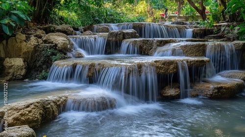 Tranquil Cascading Waterfall in a Lush Tropical Setting