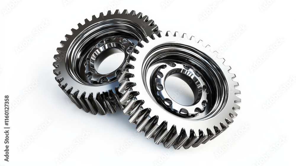 A pair of interlocking mechanical gears, designed with precision and detail. The gears are shown in a three-dimensional view, featuring a metallic finish with a slight sheen. A pair of interlocking mechanical gears, designed with precision and detail. The gears are shown in a three-dimensional view, featuring a metallic finish with a slight sheen.
