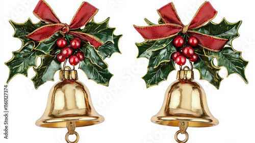 A pair of shiny golden bells adorned with a festive red ribbon and holly leaves, complete with bright red berries. The bells should be hanging gracefully, with a soft sheen to enhance holiday charm