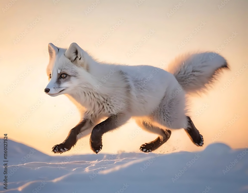 Obraz premium White Arctic Fox Leaping Across Snowy Landscape