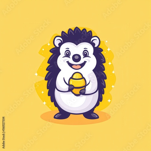 A playful flat design cartoon vector of a cheerful hedgehog holding a glowing acorn, surrounded by sparkles, set on a pastel orange background for a warm autumnal theme.  photo