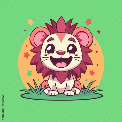 A playful flat design cartoon vector of a cheerful lion cub with a glowing mane, sitting on sparkling grass, surrounded by tiny stars, set on a pastel yellow and orange gradient background for  photo