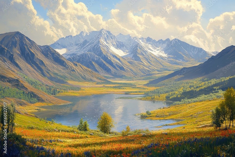 Fototapeta premium Serene lake nestled in valley, snow-capped mountains rise majestically. Perfect for travel, nature, or serenity themed projects.
