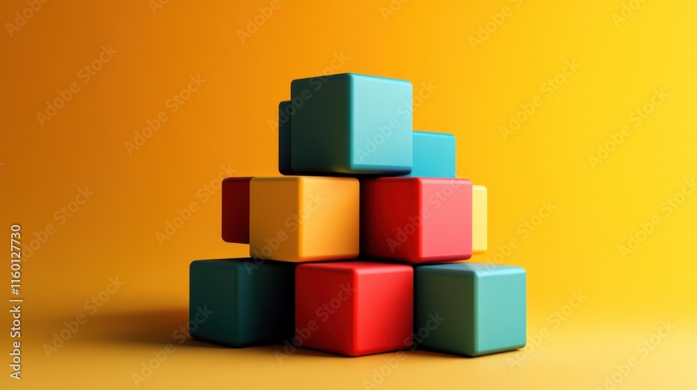 Obraz premium Colorful Cube Stack Against Yellow Background: A Modern Abstract Composition