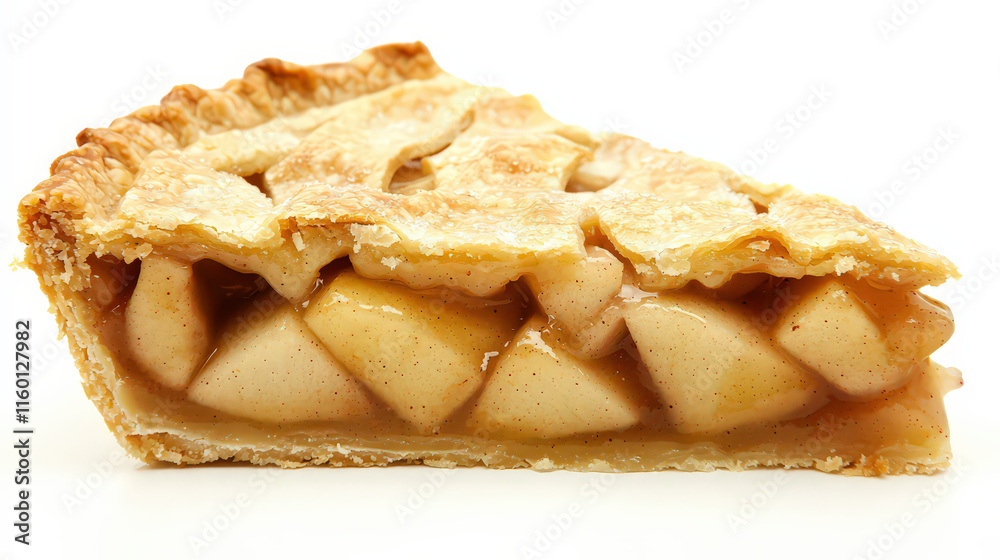 A perfectly baked slice of apple pie, featuring a golden-brown flaky crust and visible layers of sweet, caramelized apples. The pie slice should be displayed at an angle to showcase its delicious A perfectly baked slice of apple pie, featuring a golden-brown flaky crust and visible layers of sweet, caramelized apples. The pie slice should be displayed at an angle to showcase its delicious