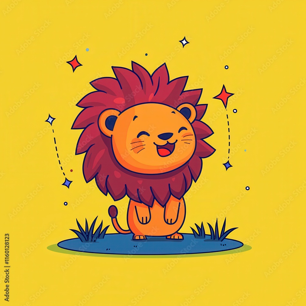 Fototapeta premium A playful flat design cartoon vector of a smiling lion cub with a glowing mane, sitting in sparkling grass, surrounded by tiny stars, set on a pastel yellow background for a majestic safari 