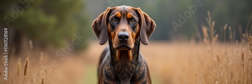 Portrait of an alert Plott Hound dog in a natural setting ideal for pet lovers and outdoor themed designs its noble appearance and warm tones will captivate viewers photo