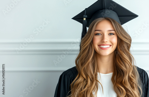 A woman wearing a black graduation cap and gown is smiling. She is wearing a white shirt underneath her gown