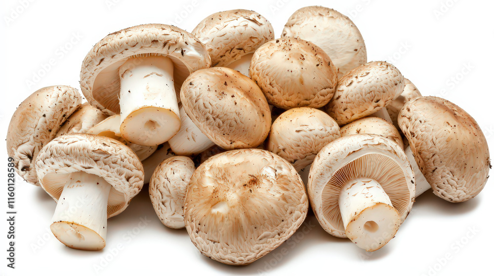 A pile of fresh, white mushrooms with smooth caps and short stems, arranged casually to showcase their natural shape. The mushrooms have a clean appearance, with subtle hints of beige and a glossy A pile of fresh, white mushrooms with smooth caps and short stems, arranged casually to showcase their natural shape. The mushrooms have a clean appearance, with subtle hints of beige and a glossy