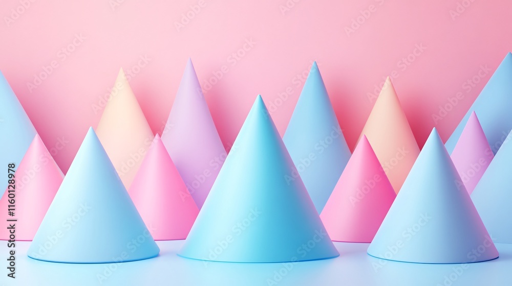 Colorful Cones on Pastel Background in Unique Geometric Arrangement Colorful Cones on Pastel Background in Unique Geometric Arrangement