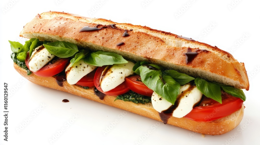 Caprese baguette sandwich with fresh mozzarella, tomato, basil, and balsamic glaze Caprese baguette sandwich with fresh mozzarella, tomato, basil, and balsamic glaze