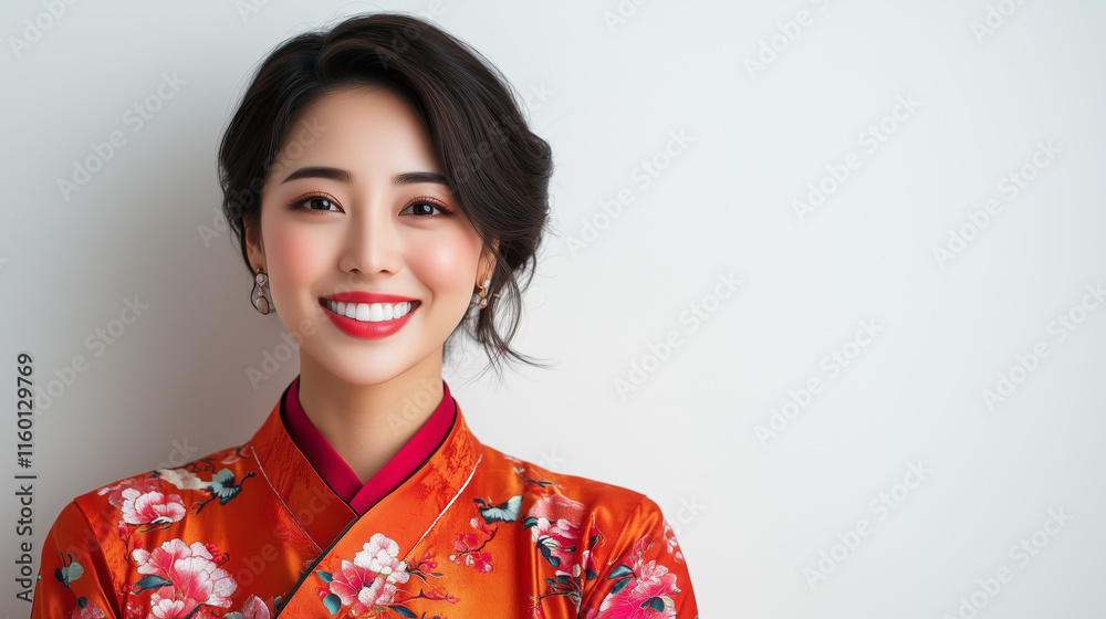 Chinese woman in vibrant floral dress smiles warmly, showcasing elegance and joy. Chinese woman in vibrant floral dress smiles warmly, showcasing elegance and joy.