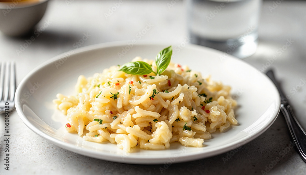 Elegant pasta dish with fresh herbs on white plate, culinary delight Elegant pasta dish with fresh herbs on white plate, culinary delight