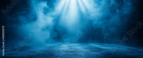 Blue smoky background with light rays, dark floor.