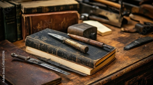 A carefully arranged bookbinding and restoration workshop, Tools and old books prepared for preservation and restoration, Bibliophile craftsmanship style