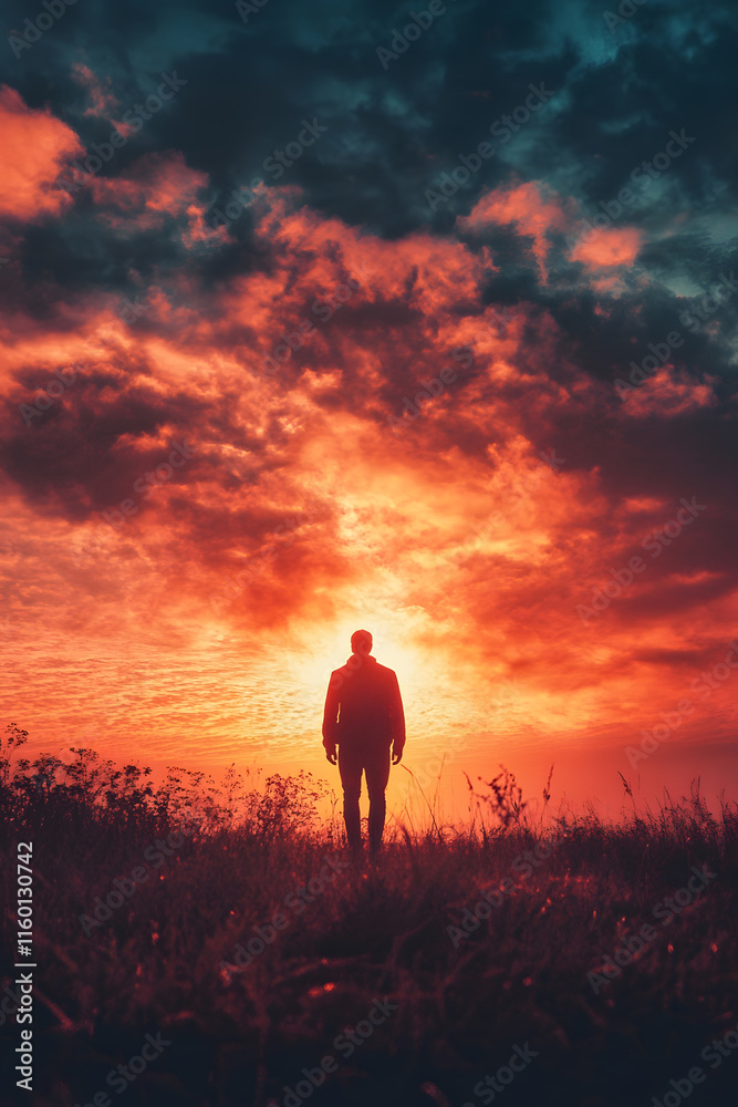 Fototapeta premium Silhouette of Lone Figure Against Dramatic Sunset with Fiery Sky : Generative AI