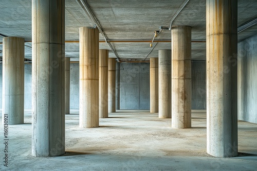 Empty concrete building interior with numerous support columns. Illustrates architecture, construction, or industrial design concepts.