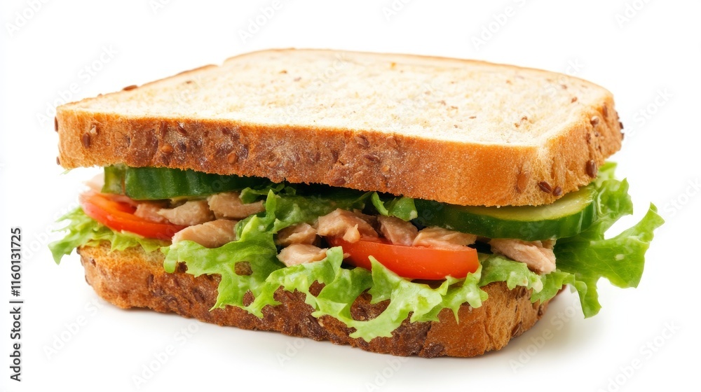 Classic tuna sandwich with lettuce, tomato, and cucumber on whole wheat bread Classic tuna sandwich with lettuce, tomato, and cucumber on whole wheat bread