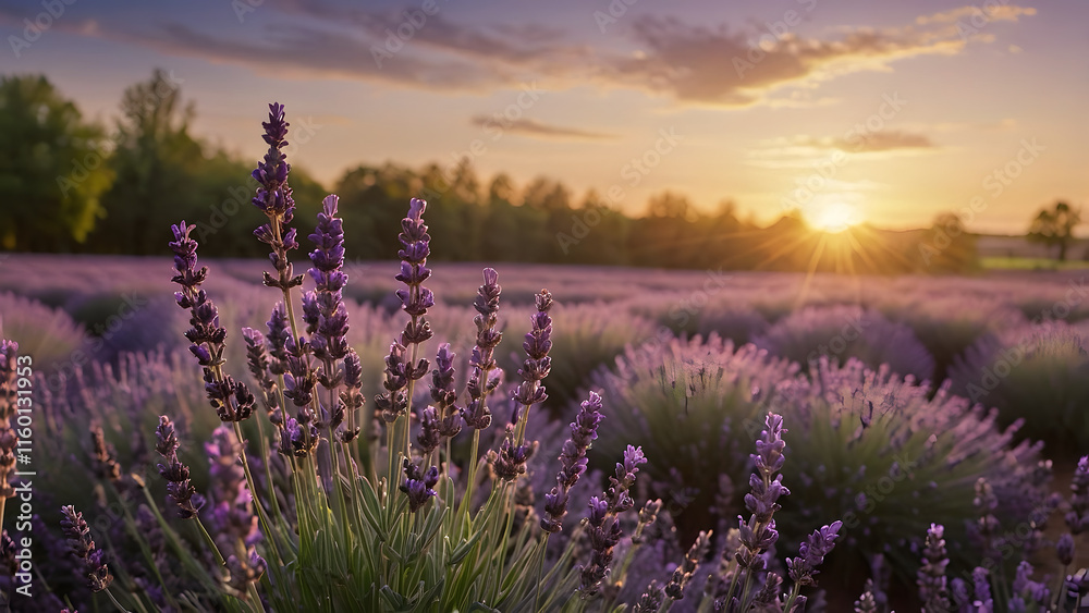 Obraz premium Soft-focused banner of a blooming lavender field at sunset, featuring vibrant violet flowers