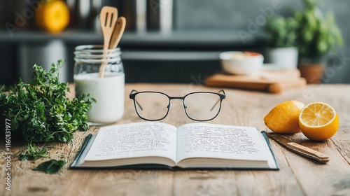 Closeup of AR glasses providing virtual cooking instructions overlaid on a recipe book in the user s field of vision photo