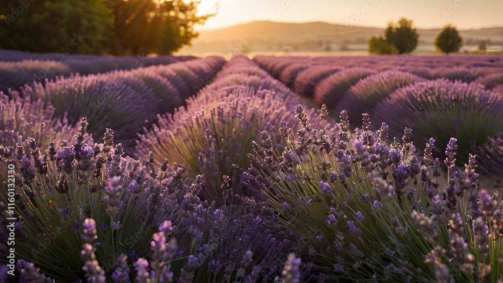 Obraz premium Soft-focused banner of a blooming lavender field at sunset, featuring vibrant violet flowers