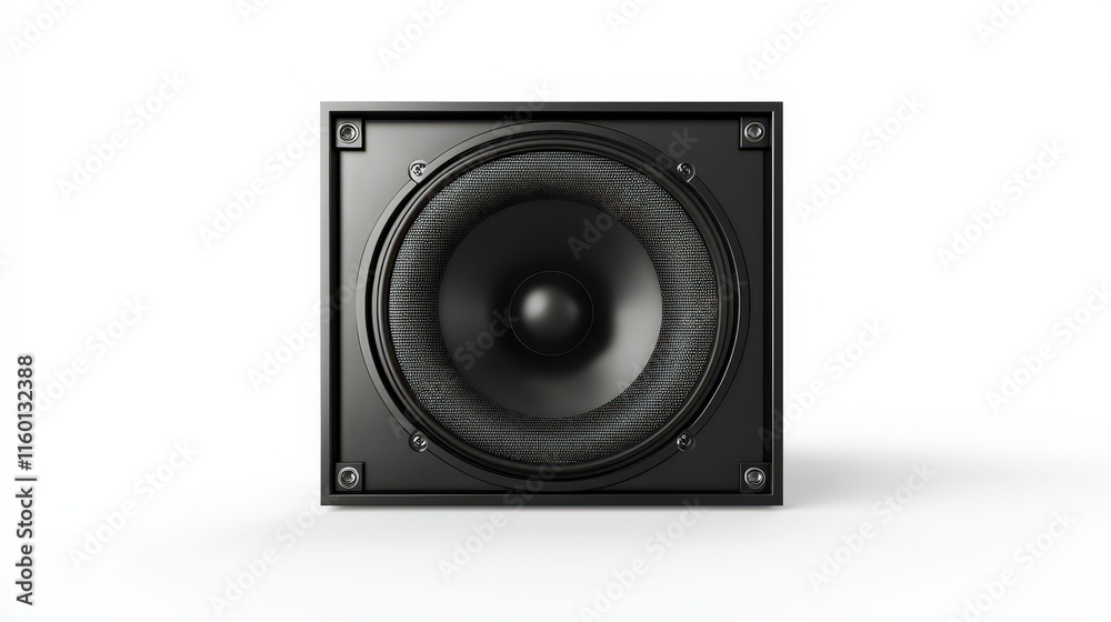 A sleek, modern subwoofer speaker with a black exterior and a large, prominent speaker cone. The speaker has a sturdy design with visible controls and a textured surface. The background is entirely wh A sleek, modern subwoofer speaker with a black exterior and a large, prominent speaker cone. The speaker has a sturdy design with visible controls and a textured surface. The background is entirely wh