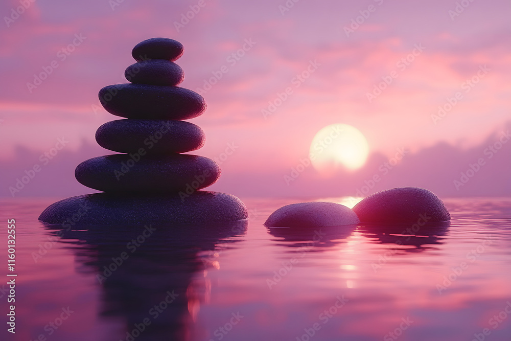 Colorful stacked stones on a serene sandy beach at sunset, with warm hues reflecting off the water Colorful stacked stones on a serene sandy beach at sunset, with warm hues reflecting off the water