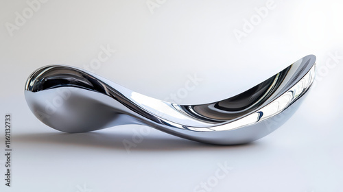 A sleek, shiny stainless steel spoon, elegantly curved with a polished finish. The spoon should be positioned at a slight angle to highlight its reflective surface and smooth lines, isolated white