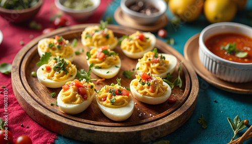 Festive deviled eggs on wooden tray, colorful party ambiance