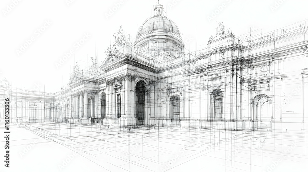 Obraz premium A wireframe architectural rendering of a grand building with detailed elements.