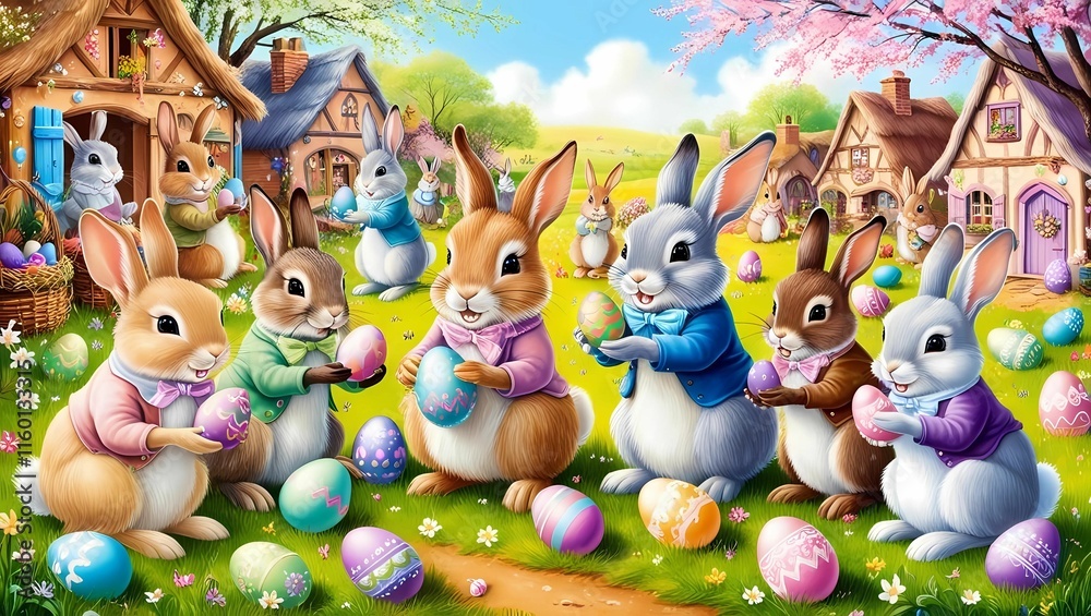 Naklejka premium Bunny Village: A charming scene of rabbits in a whimsical village, painting eggs and preparing for Easter festivities.