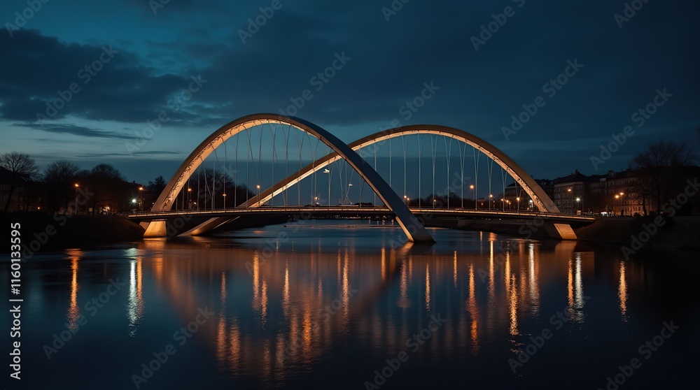 Illuminated Arch Bridge Reflected on River at Night with Cityscape Background Illuminated Arch Bridge Reflected on River at Night with Cityscape Background