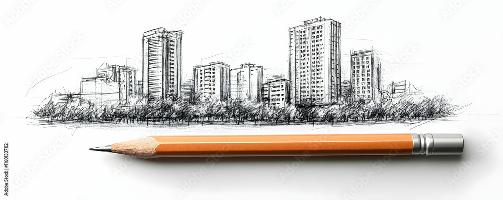 Fototapeta premium A pencil sketch of a city skyline with a pencil in the foreground.