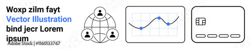 Business team icons in a network, a line graph for data analysis, and a credit card. Ideal for finance, data analysis, networking, digital payments, financial planning, teamwork business strategies