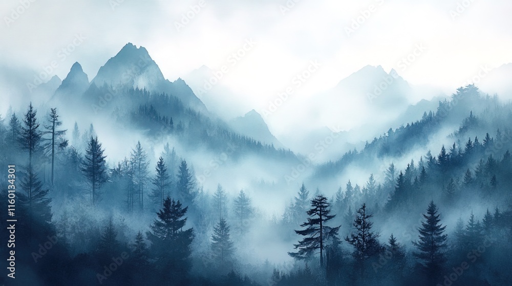 Serene watercolor landscape featuring misty mountains Serene watercolor landscape featuring misty mountains