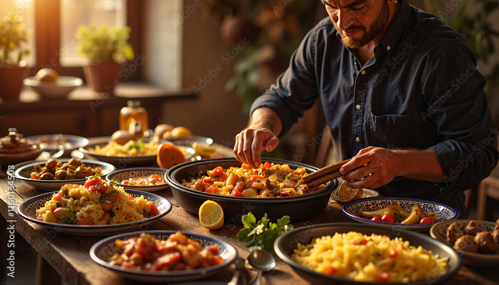 North African man eagerly serving couscous at sunset, culinary tradition North African man eagerly serving couscous at sunset, culinary tradition