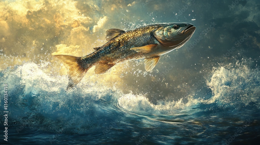 Fototapeta premium Leaping Fish Against a Dramatic Sky