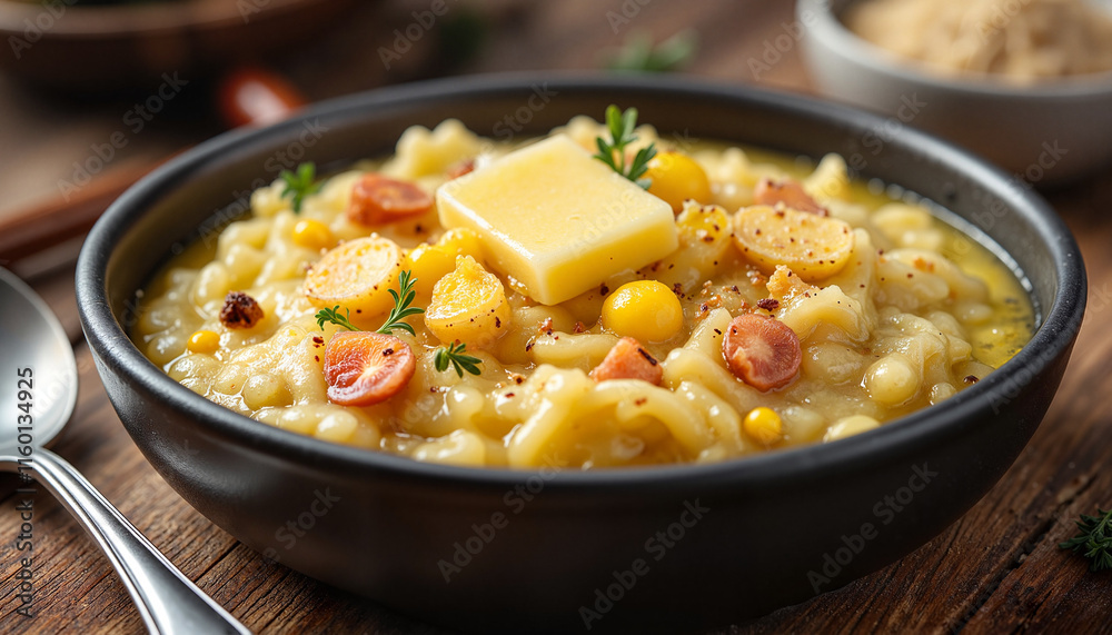 Delicious cornmeal porridge with butter in cozy breakfast setting, comfort food Delicious cornmeal porridge with butter in cozy breakfast setting, comfort food