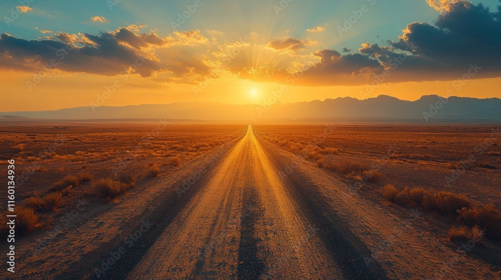 A serene desert road leading towards a vibrant sunset over distant mountains. A serene desert road leading towards a vibrant sunset over distant mountains.