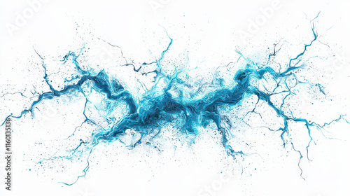 A striking depiction of electric blue lightning bolts branching out across the canvas, with intricate details that show the jagged edges and energy of the lightning. The bolts converge at a central po