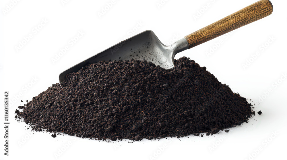 A gardening shovel lays on rich isolated white background, fertile soil, evoking themes of agriculture, planting, and nature’s cycle. A gardening shovel lays on rich isolated white background, fertile soil, evoking themes of agriculture, planting, and nature’s cycle.