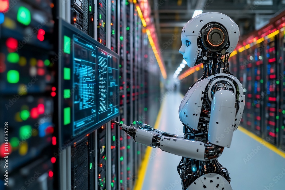 Robot working with server racks in data center. Robot working with server racks in data center.