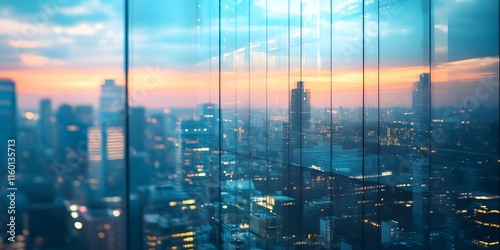 Modern City Skyline with Reflections in Glass at Sunset : Generative AI