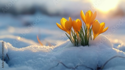 In the cold winter, yellow crocuses bloom in the snow-covered ground. The sun shines on them, and their petals sparkle with golden light. This scene symbolizes hope, the vitality of nature after the i